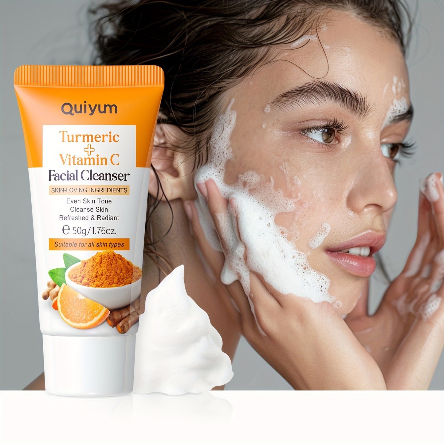 All beauty, [Effet hydratant] Nettoyant visage Quiyum au curcuma et à la vitamine C 1,76 oz - Formule douce et non desséchante avec de l'acide hyaluronique pour une peau lisse, nettoyant visage hydratant, parfait pour tous les types de peau!