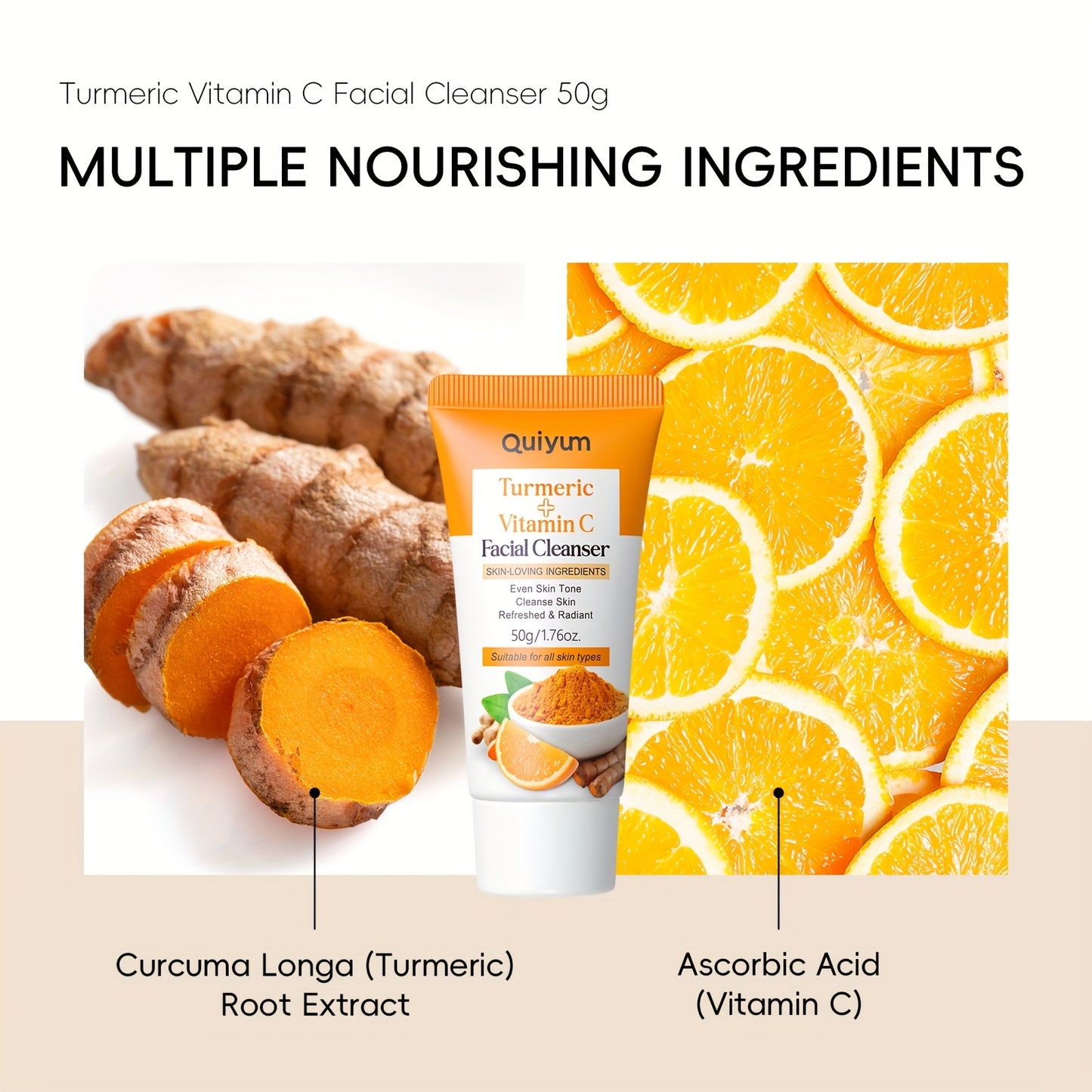 All beauty, [Effet hydratant] Nettoyant visage Quiyum au curcuma et à la vitamine C 1,76 oz - Formule douce et non desséchante avec de l'acide hyaluronique pour une peau lisse, nettoyant visage hydratant, parfait pour tous les types de peau!