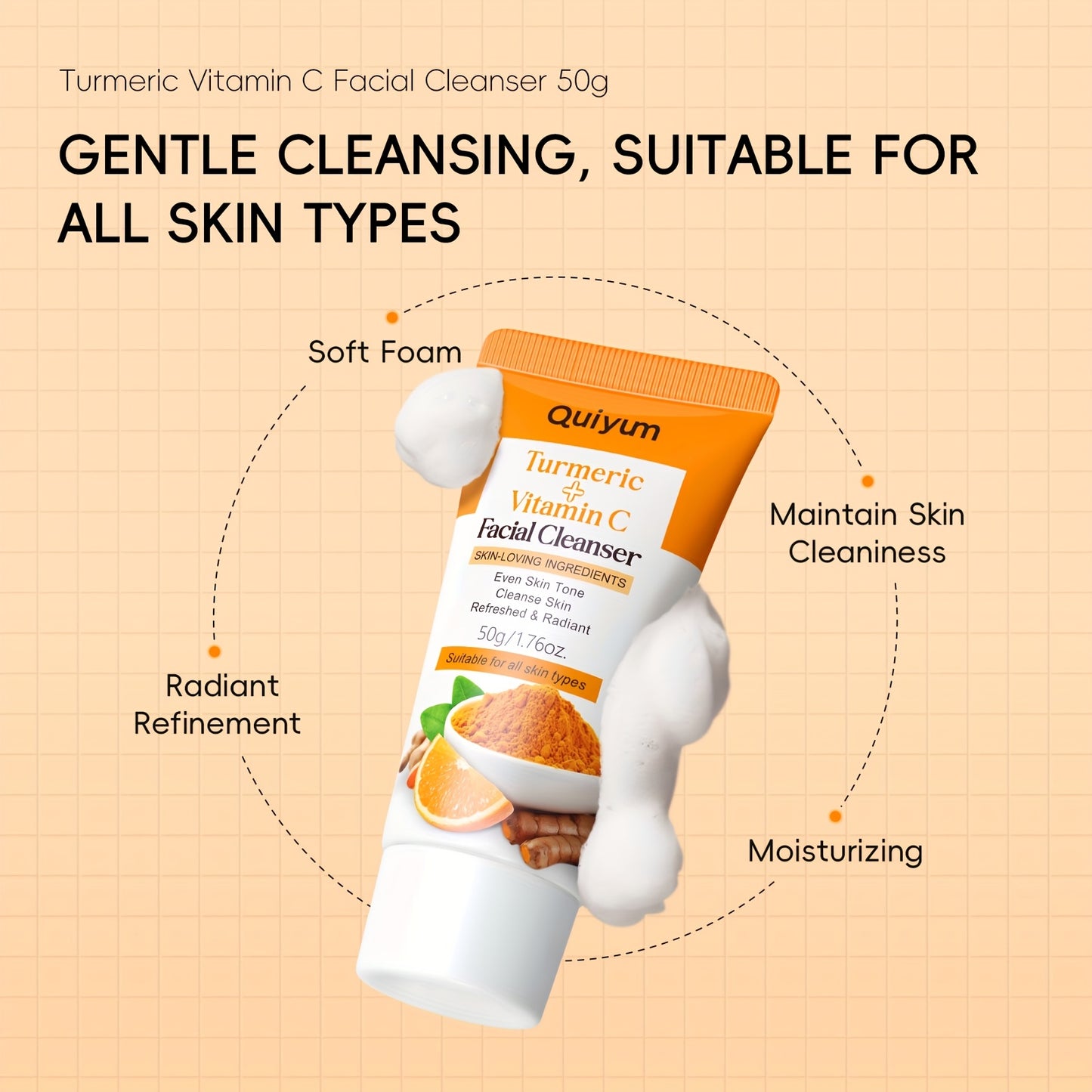 All beauty, [Moisturizing Effect] Quiyum Turmeric &amp; Vitamin C Face Wash 1.76oz - Gentle, Non-Drying Formula with Hyaluronic Acid for Smooth Skin, Hydrating Face Wash, Perfect for All Skin Types!